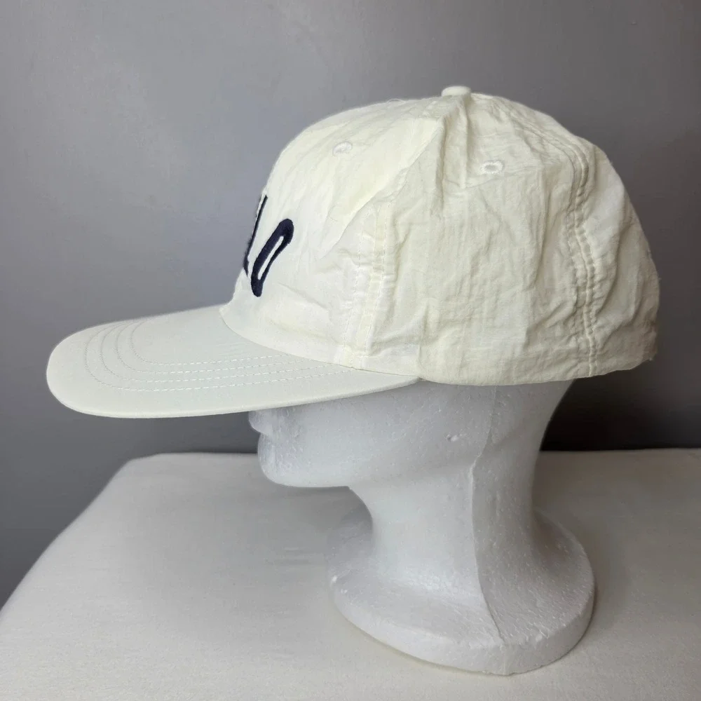 Vintage Polo Ralph Lauren Nylon Strapback Hat Cream Navy Blue 90s Made in Taiwan